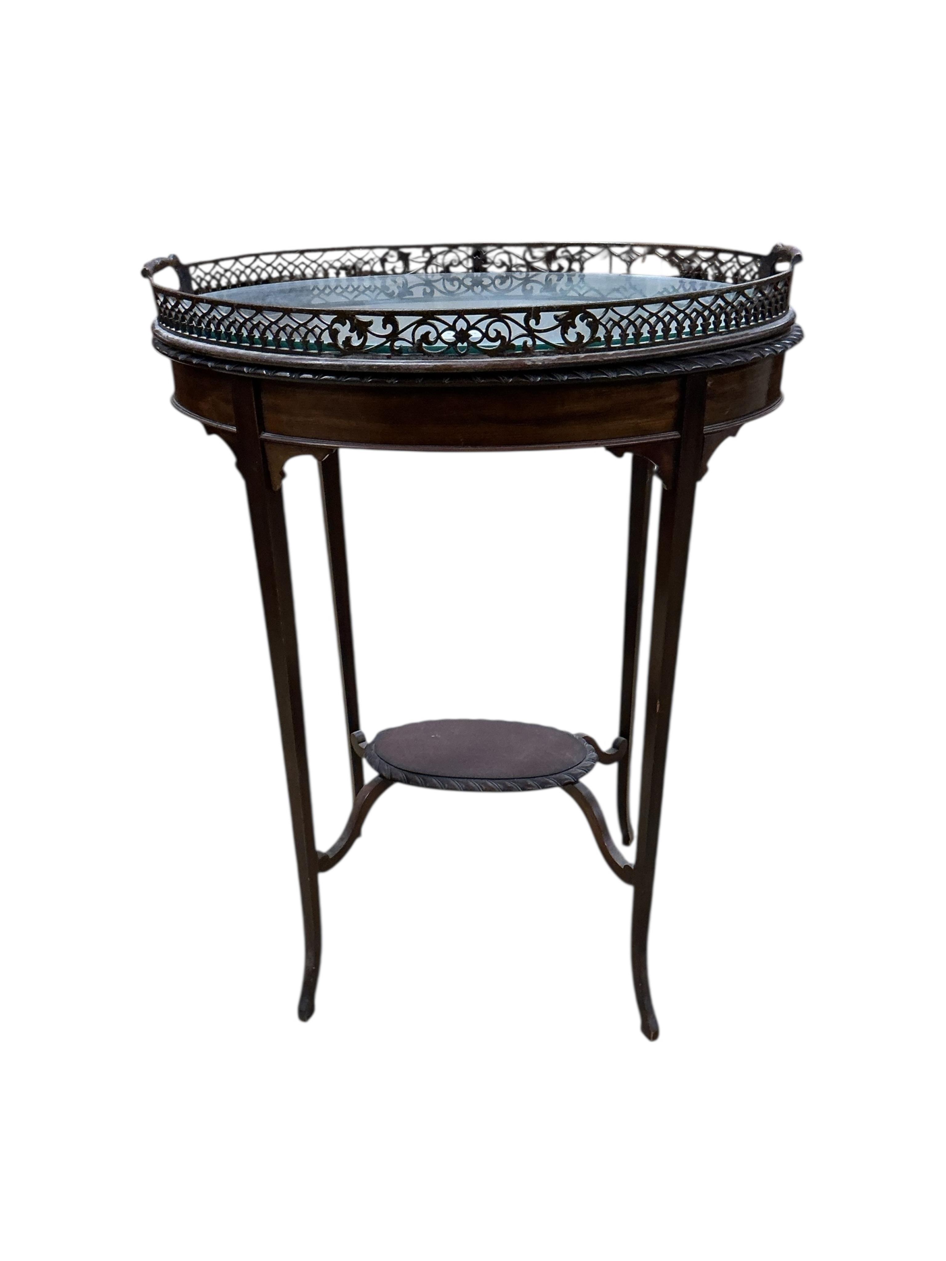 An Edwardian oval galleried tea tray on associated stand, width 59cm, depth 39cm, height 78cm